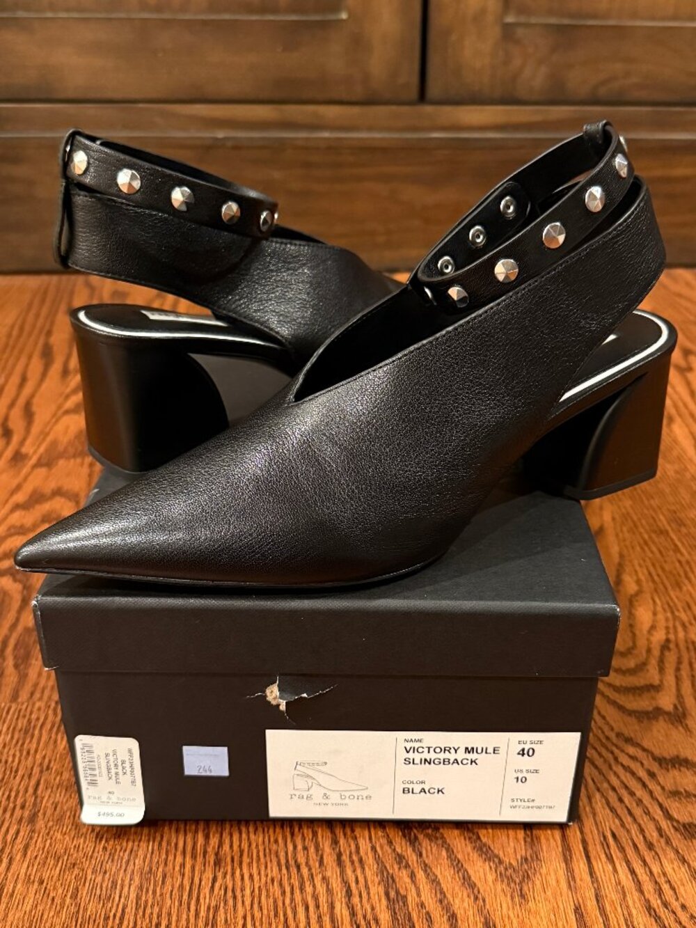 Rag & Bone Victory Mule Slingback Studded Leather Heels Black Size 10 / EU 40